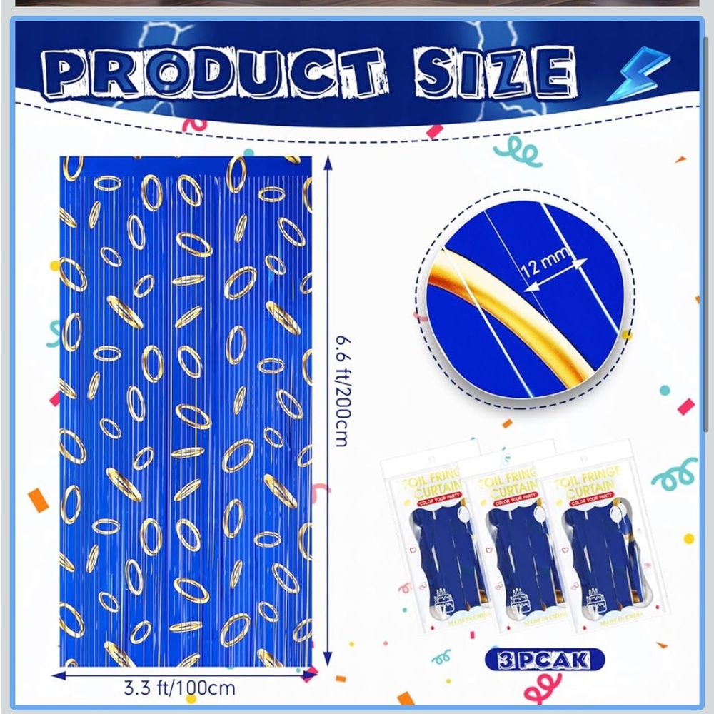 1 Pcs Sonic Blue with Gold Ring Print Birthday Tinsel Foil Curtains & Candles